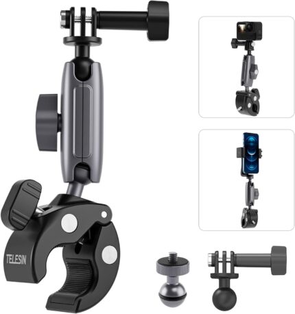 TELESIN Camera Clamp Handlebar Bike Mount – 360° Double Ball Head for DSLR, Action Cameras & Smartphones